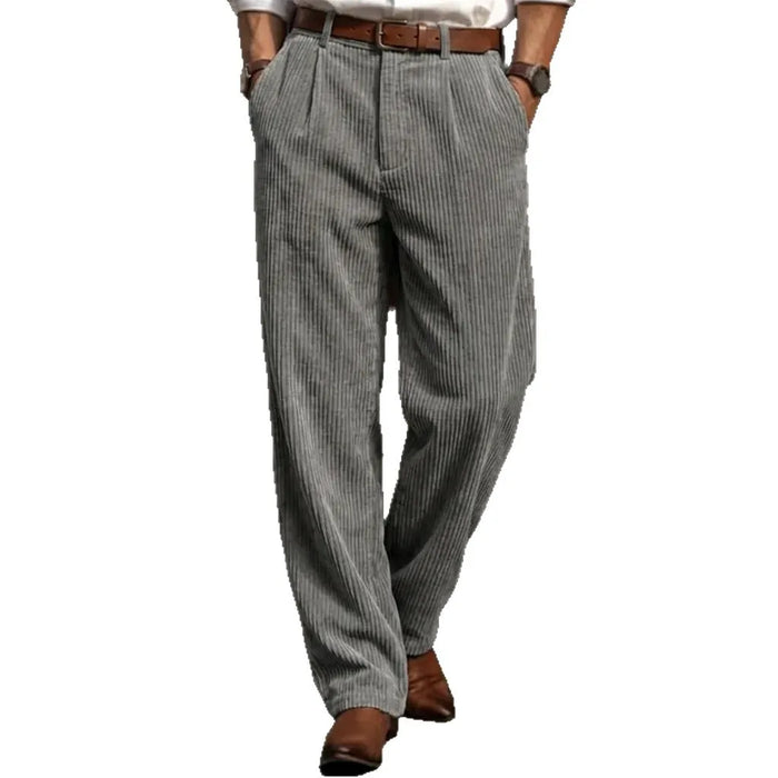 Men's Corduroy Pleated Straight Leg Pants Mid Waist Loose Fit Business Casual Trousers
