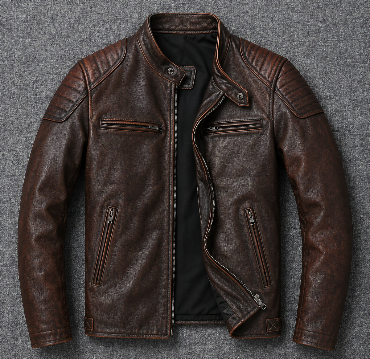 Men's Genuine Leather Jacket Zip Front Stand Collar