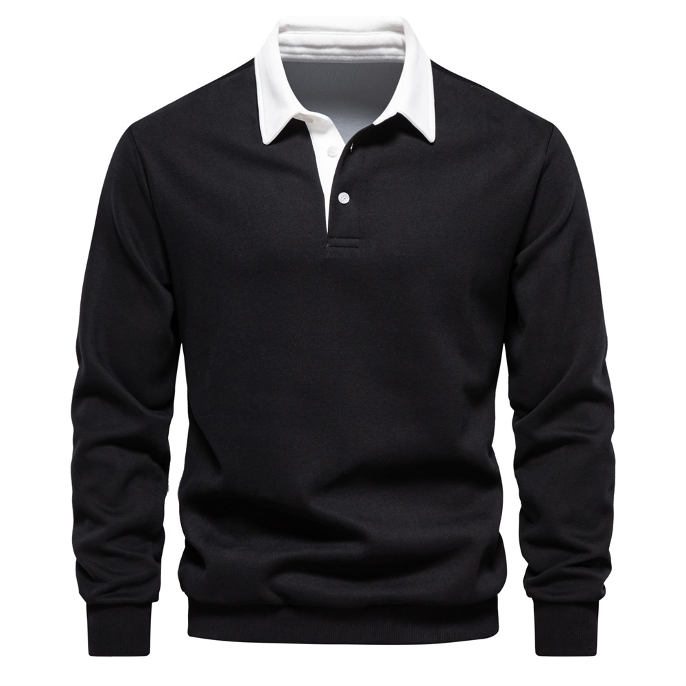 Men's Rugby Shirt with Contrast Collar and Button Placket