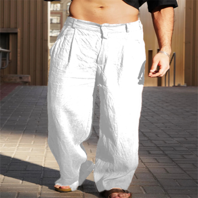 Men's Wide Leg Linen Trousers Pleated Front Button Closure