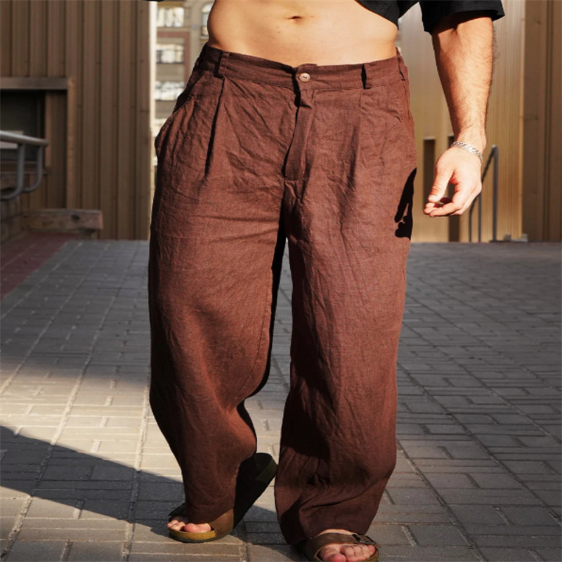 Men's Wide Leg Linen Trousers Pleated Front Button Closure