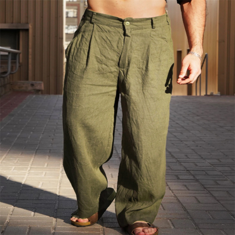 Men's Wide Leg Linen Trousers Pleated Front Button Closure