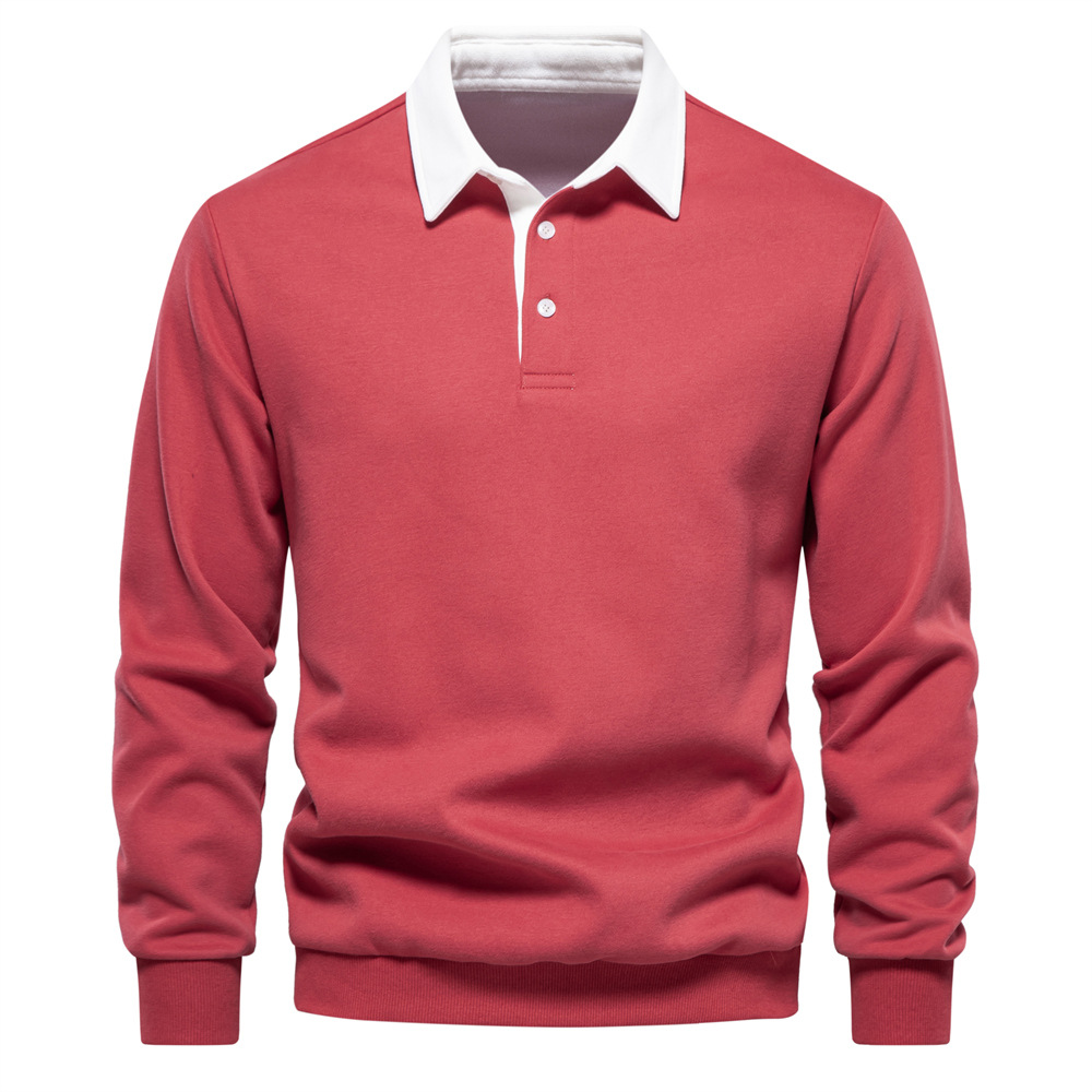 Men's Rugby Shirt with Contrast Collar and Button Placket