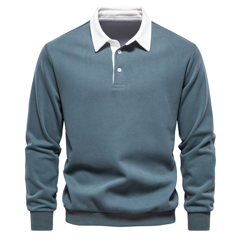 Men's Rugby Shirt with Contrast Collar and Button Placket