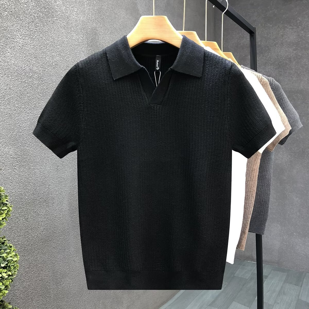 Men's Knit Polo Open Collar Short Sleeve Ribbed Trim Relaxed Fit
