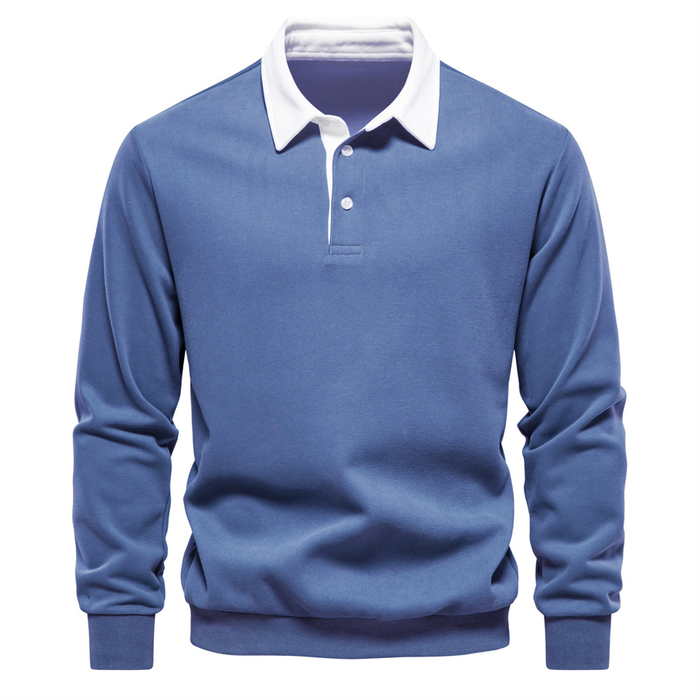Men's Rugby Shirt with Contrast Collar and Button Placket